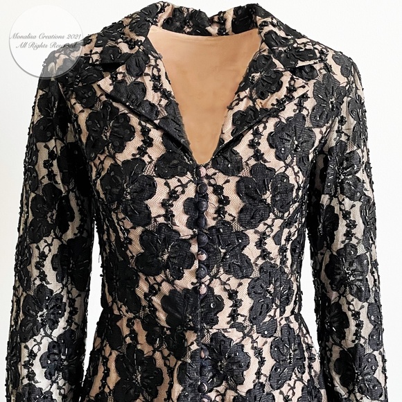 60s Opera Coat Illusion Lace Black Embellished Beaded Vintage Long Rare Formal - Picture 4 of 13